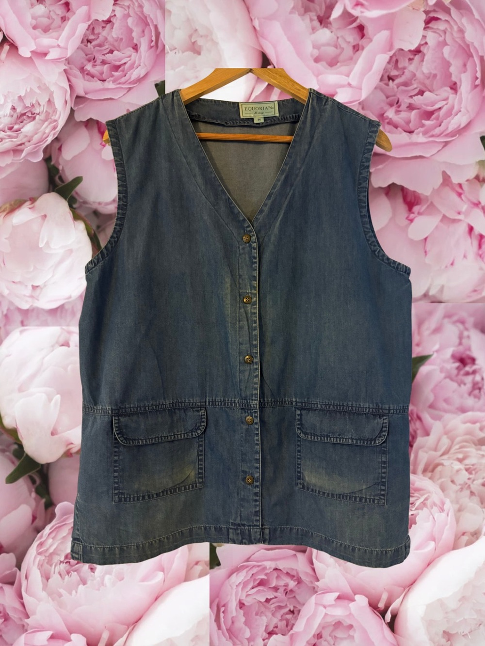 Vintage Denim Vest Equorian Heritage Pockets Buttons 100% Cotton Size 14